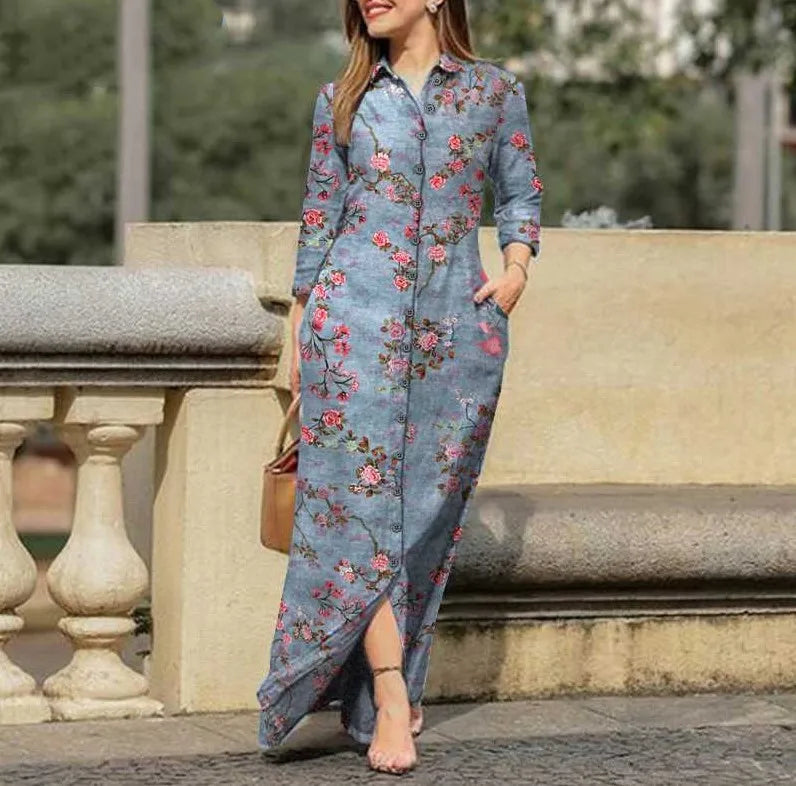 Vintage Flower Print Loose Dress Autumn