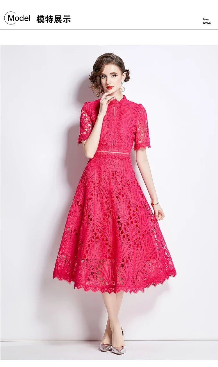 SMTHMA Vintage High-End O-Neck Short Sleeve Lace