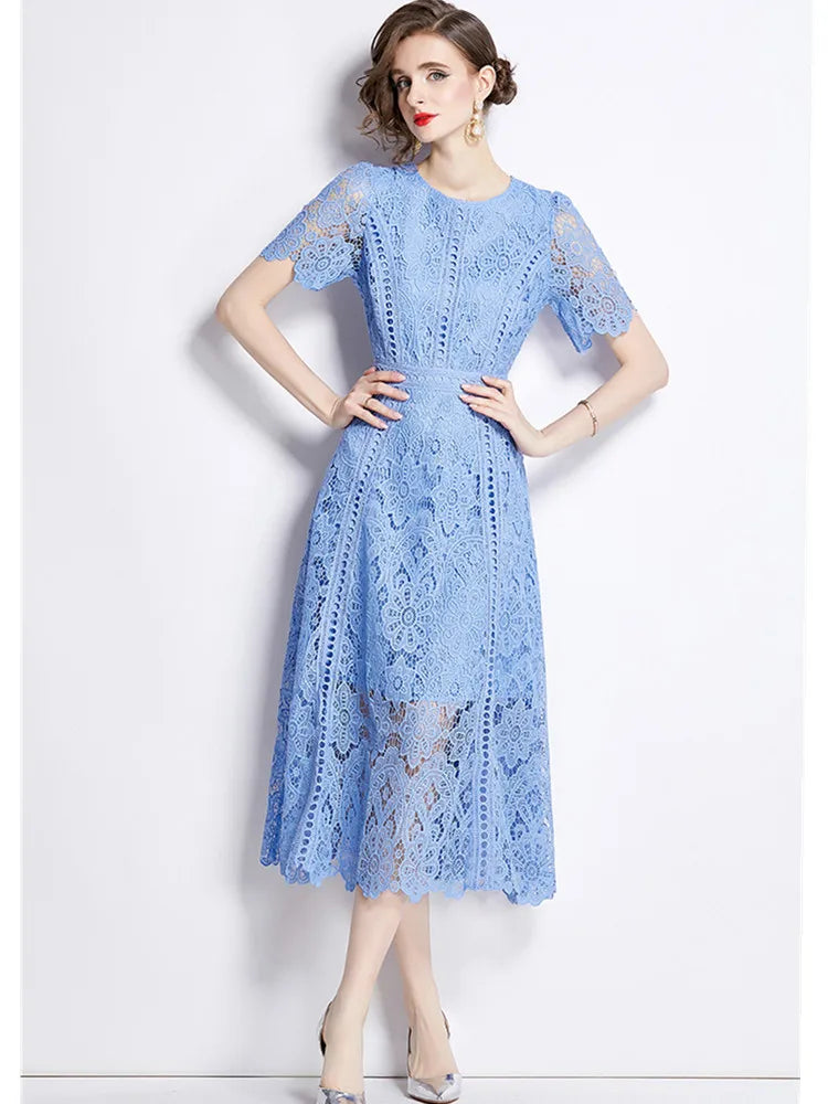 SMTHMA Vintage High-End O-Neck Short Sleeve Lace