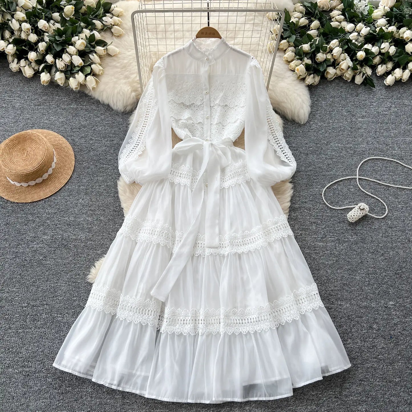 Elegant Hollow Out Organza Long Maxi Dresses Layer Ruffle