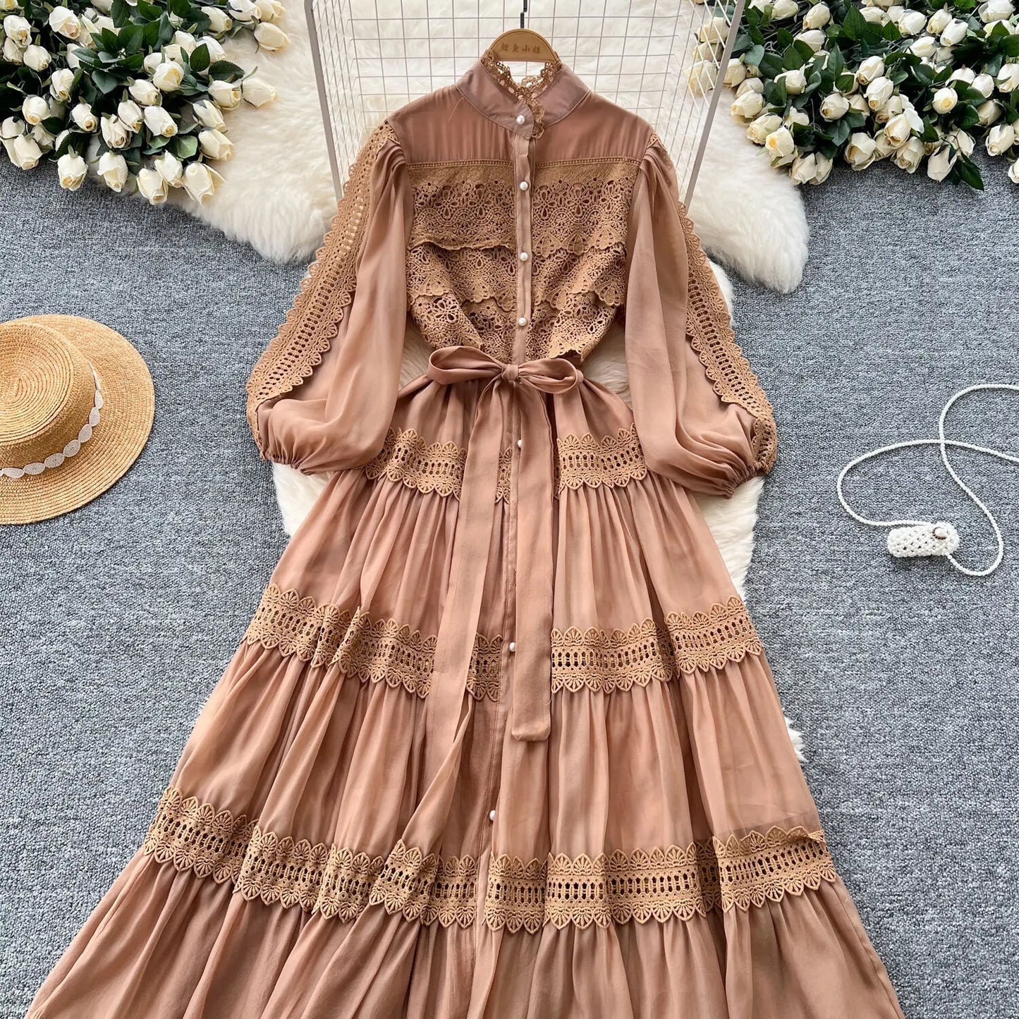 Elegant Hollow Out Organza Long Maxi Dresses Layer Ruffle