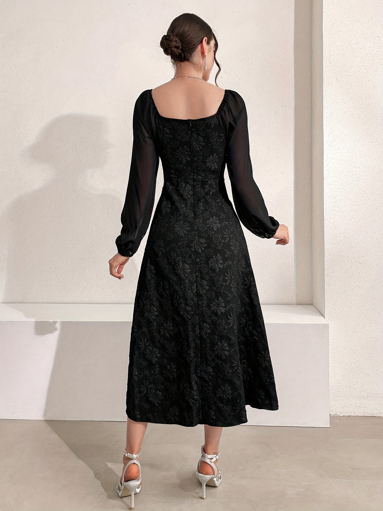 Floral Textured Lantern Sleeve A-line Dress, Elegant Square Neck