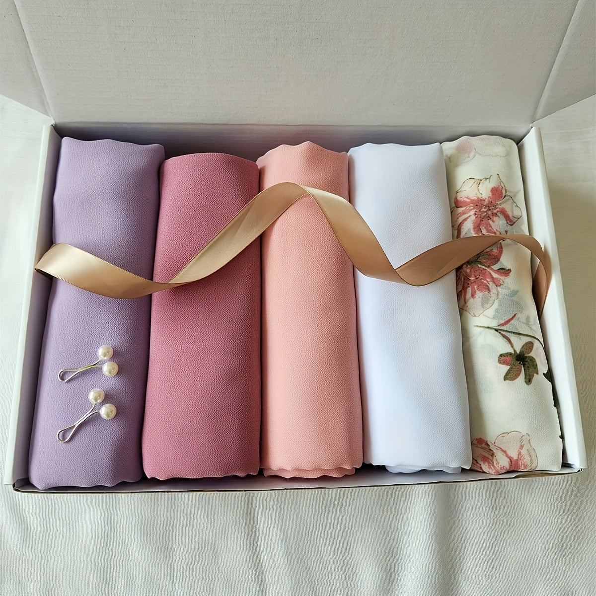 7 Elegant Thin Breathable Chiffon Scarves 5pcs, with 2pcs Artificial Pearl Headscarf Pin Combination, Multifunctional Comfortable Headscarf/Shoulder, Suitable for Eid Gift Box Gifts