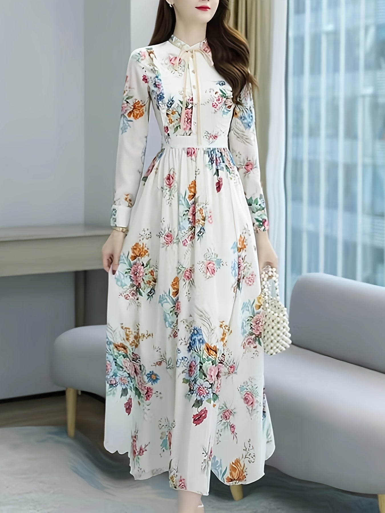 Women'S Floral Print Ruffle Collar Crew Neck Dress, Polyester Fit and Flare Maxi with Waist Cinching, Lightweight Woven Fabric, Ideal for Spring/Summer/Fall - Adult Sizes