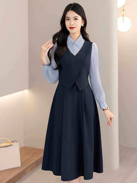 Fake Two-Piece Long-Sleeve Shirt Dress for Women