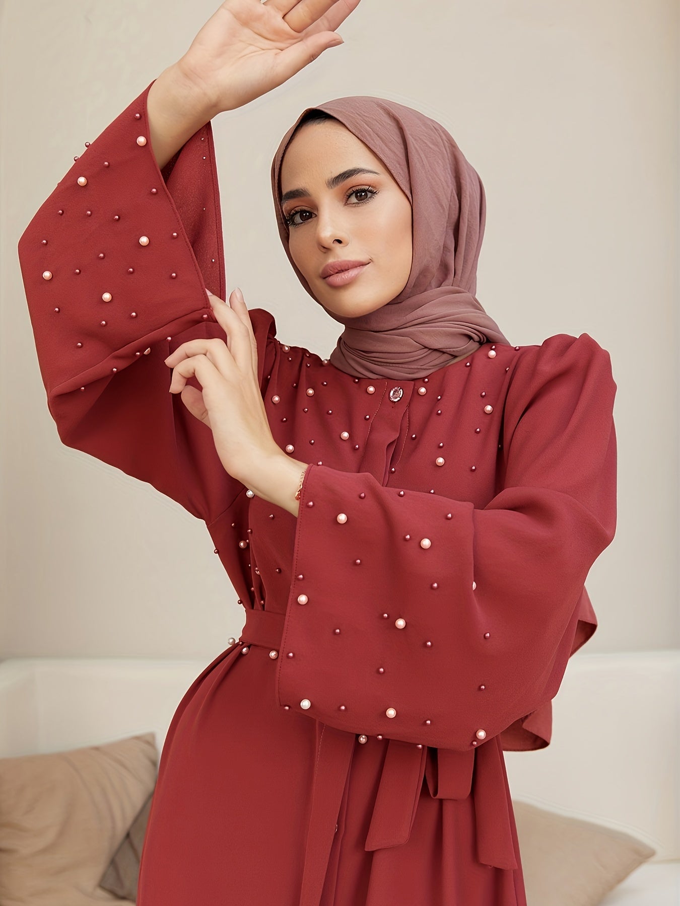 Ramadan Button Front Tie Waist Beaded Burqas, Elegant Long Sleeve Maxi Length Dress, Women's Clothing