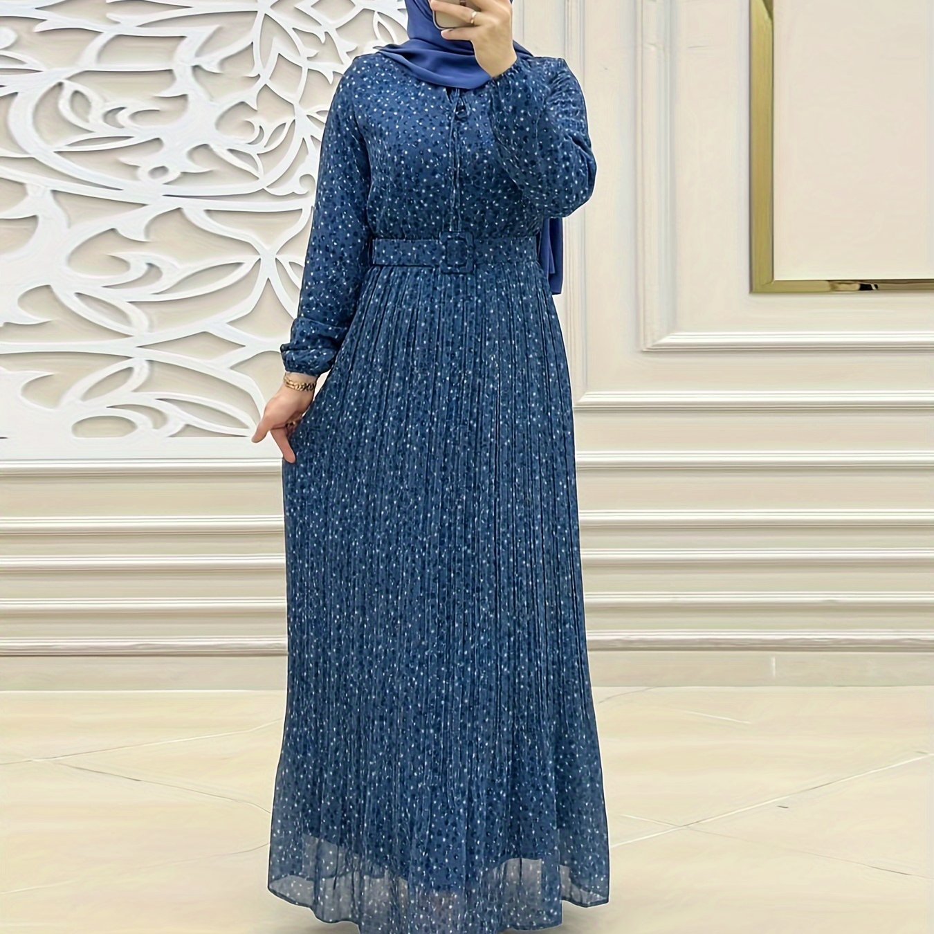 Print Chiffon Maxi Dress for Women - Long Sleeve, Belted Waist, Machine Washable - Perfect for Ramadan & Casual Attire, Middle Eastern, Muslim