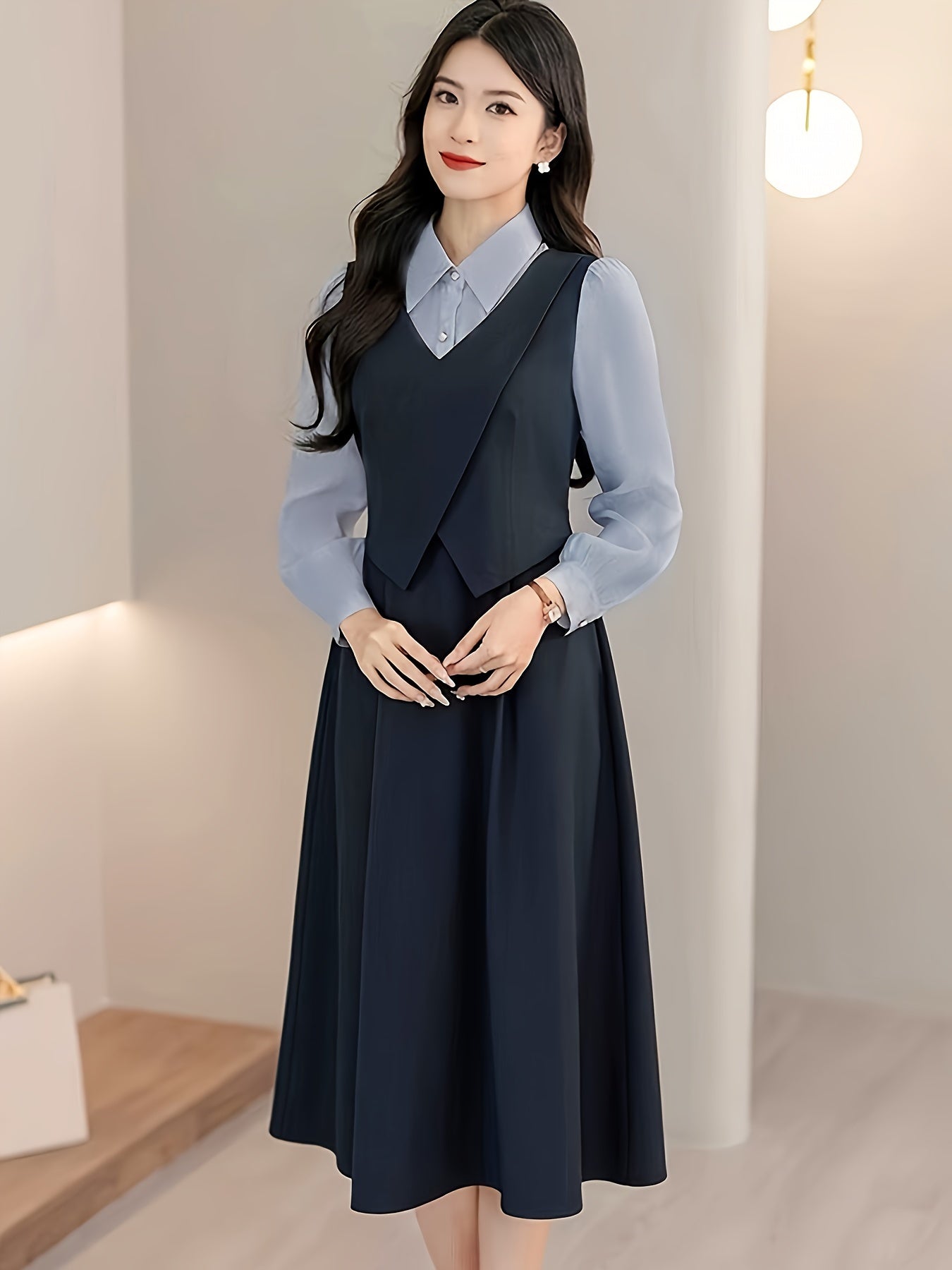 Fake Two-Piece Long-Sleeve Shirt Dress for Women