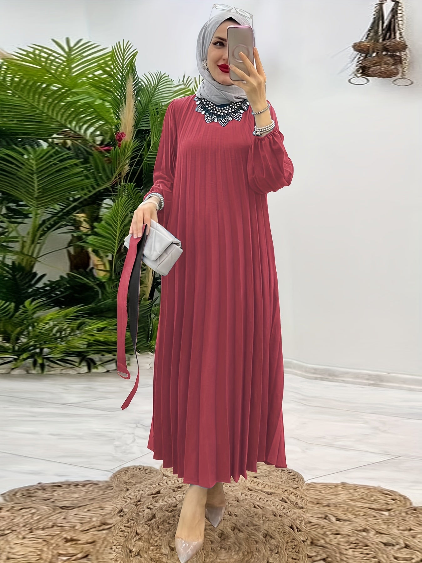 Ruffle Hem Crew Neck Abayas Dress, Elegant Maxi Dress