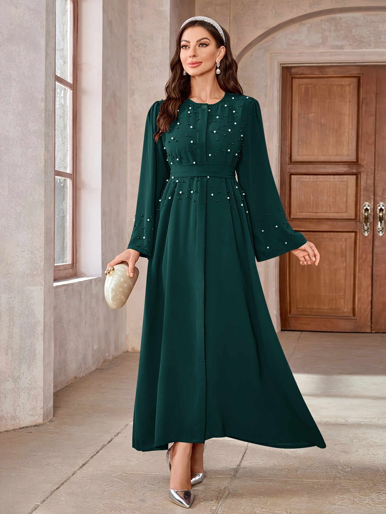 Ramadan Button Front Tie Waist Beaded Burqas, Elegant Long Sleeve Maxi Length Dress, Women's Clothing