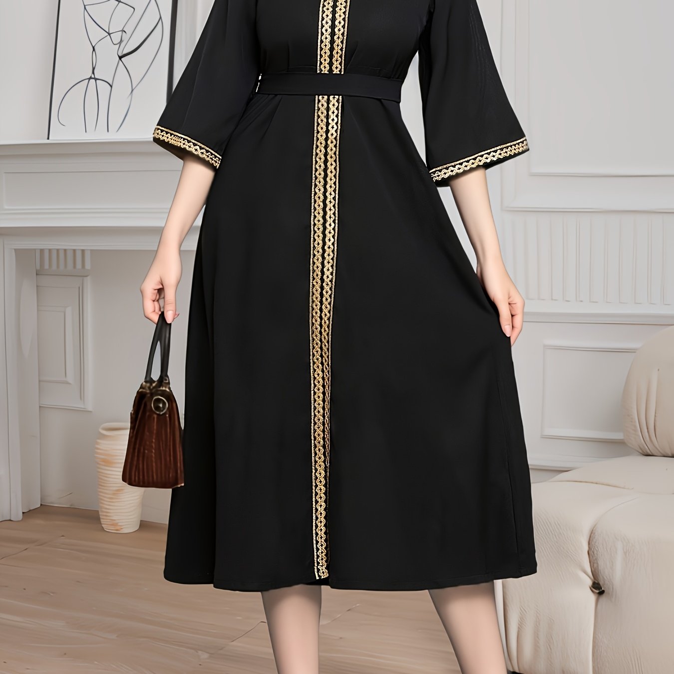 Contrast Trim V-neck Kaftan Dress, Elegant Half Sleeve Belted A-line Midi Dress, Women's Clothing