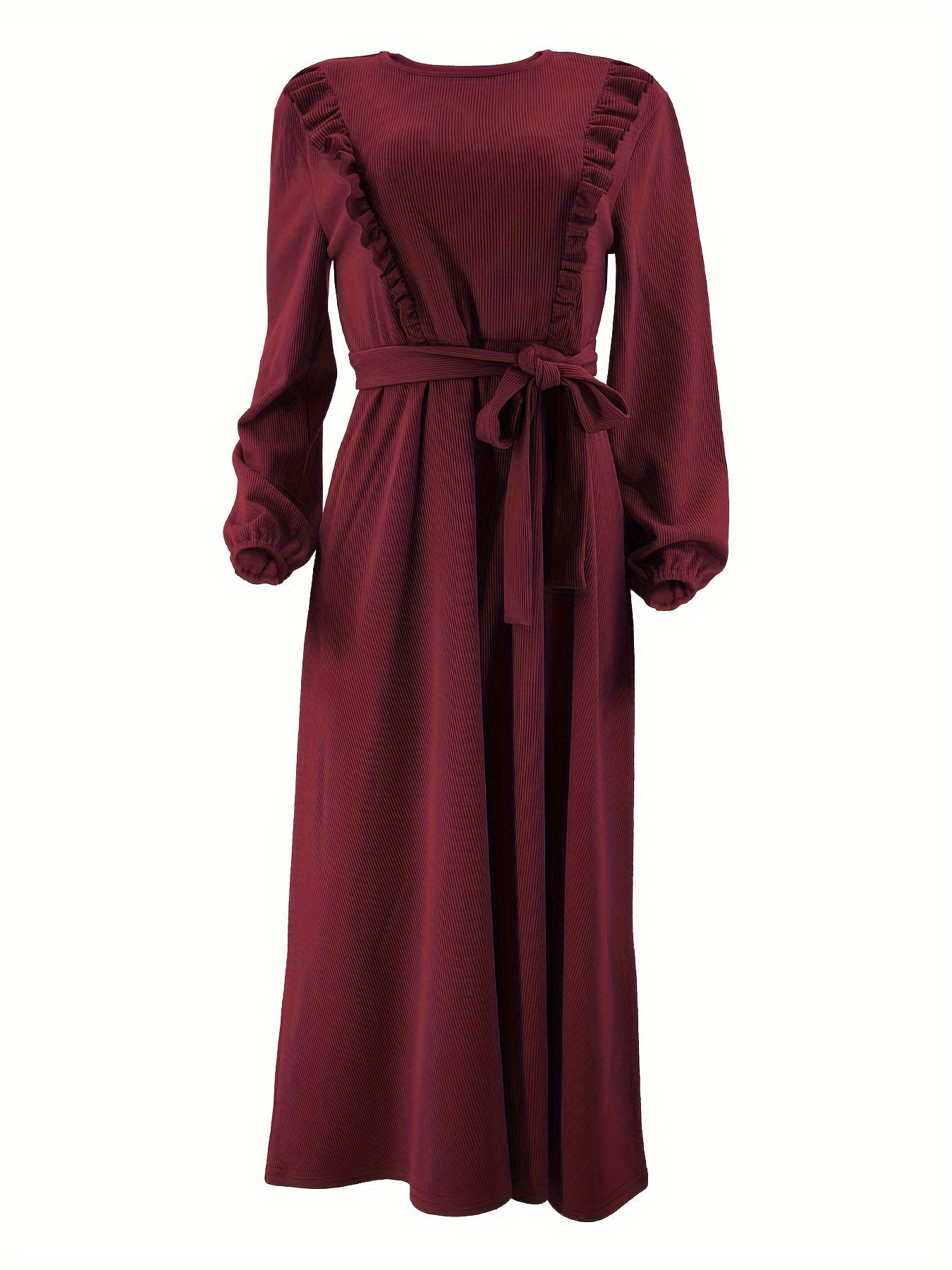 Elegant Solid Color Maxi Dress for Women - Polyester & Spandex Blend, Machine Washable, Belt Detail, Perfect for All Seasons