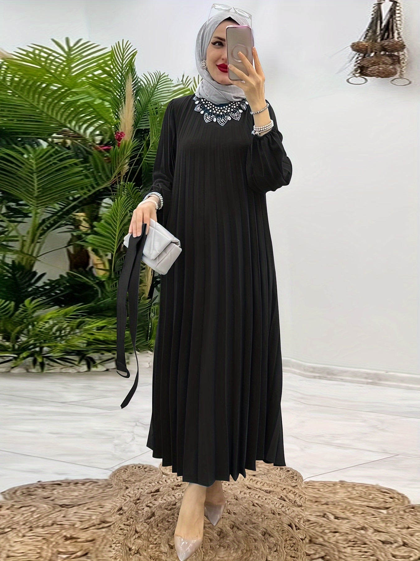 Ruffle Hem Crew Neck Abayas Dress, Elegant Maxi Dress