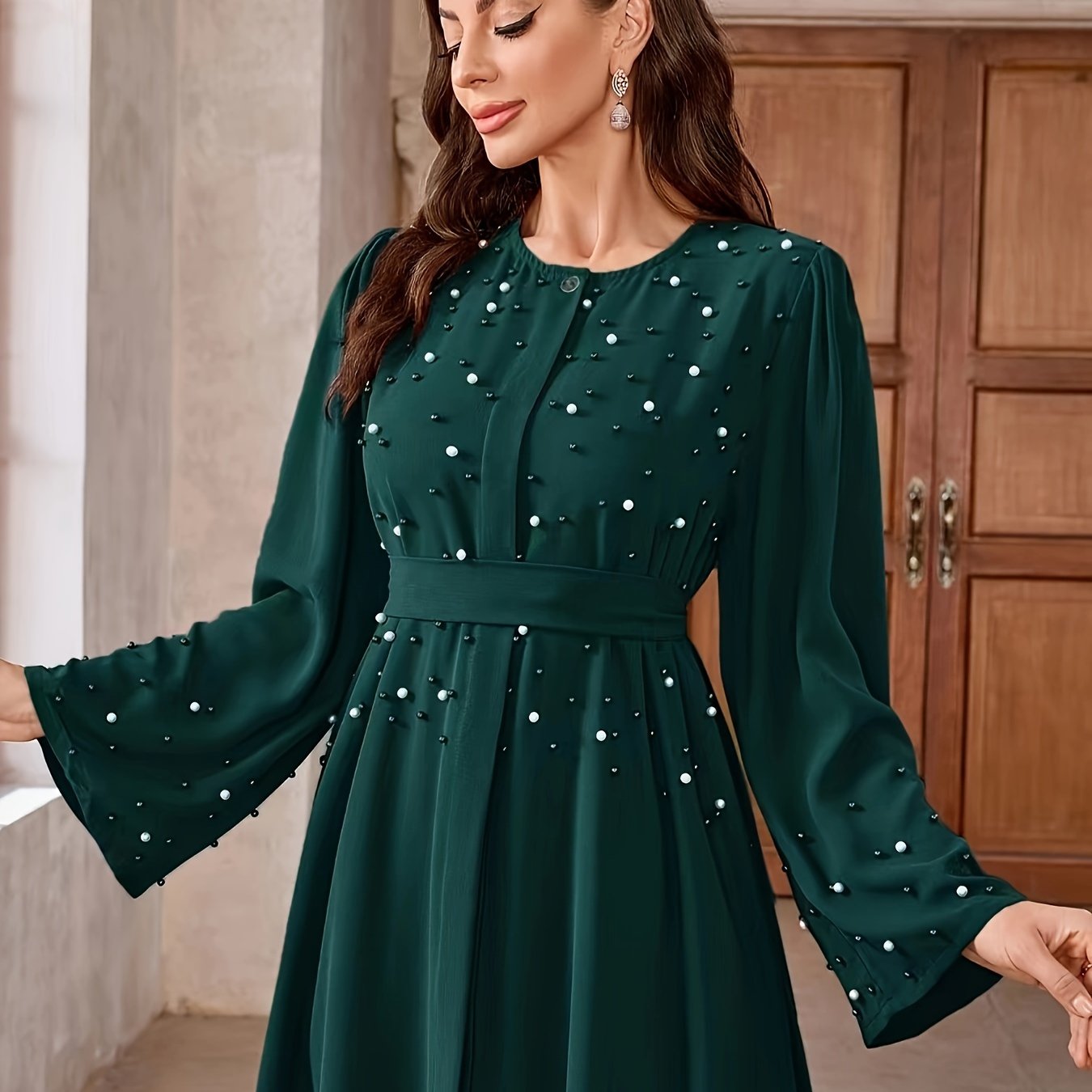 Ramadan Button Front Tie Waist Beaded Burqas, Elegant Long Sleeve Maxi Length Dress, Women's Clothing