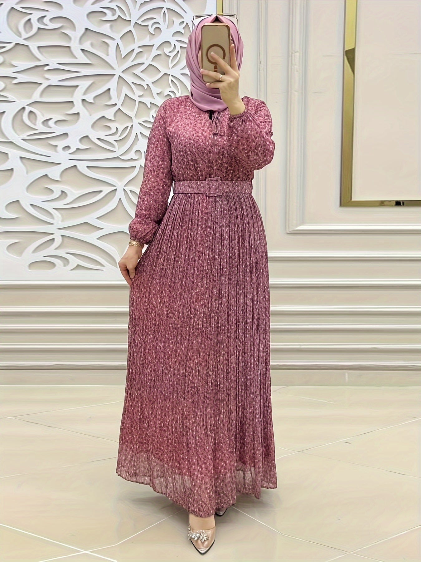 Print Chiffon Maxi Dress for Women - Long Sleeve, Belted Waist, Machine Washable - Perfect for Ramadan & Casual Attire, Middle Eastern, Muslim