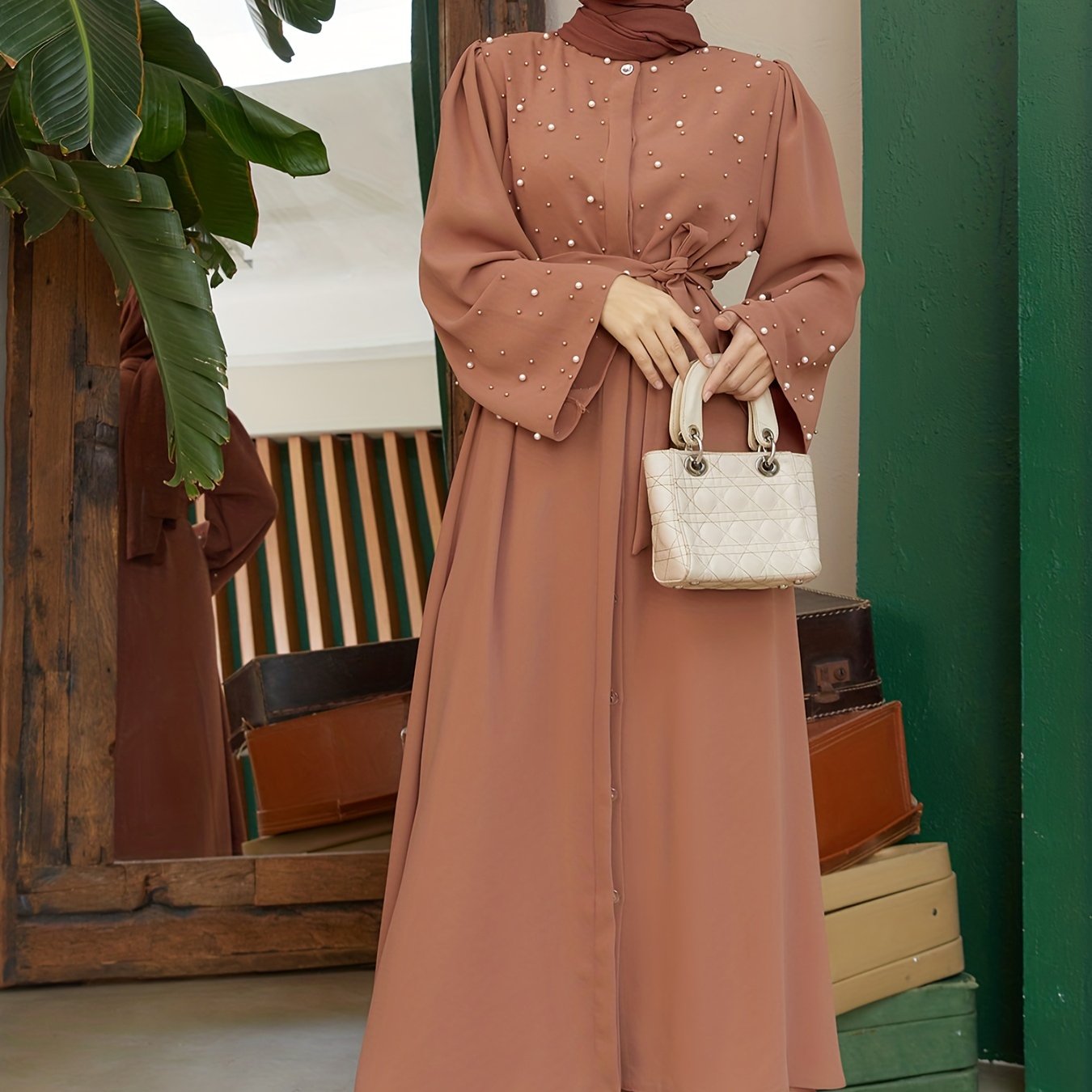 Ramadan Button Front Tie Waist Beaded Burqas, Elegant Long Sleeve Maxi Length Dress, Women's Clothing