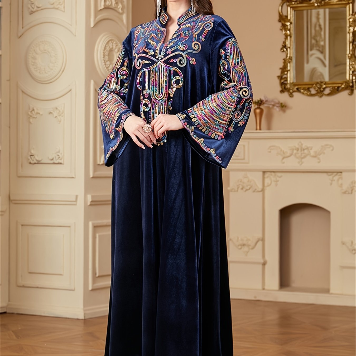 Elegant Sequin Abaya for Women - Long Sleeve Velvet Kaftan Dress, Dark Blue with Vibrant Floral Patterns, Maxi Length, Perfect for Ramadan and Formal Occasions, Muslim Clothes