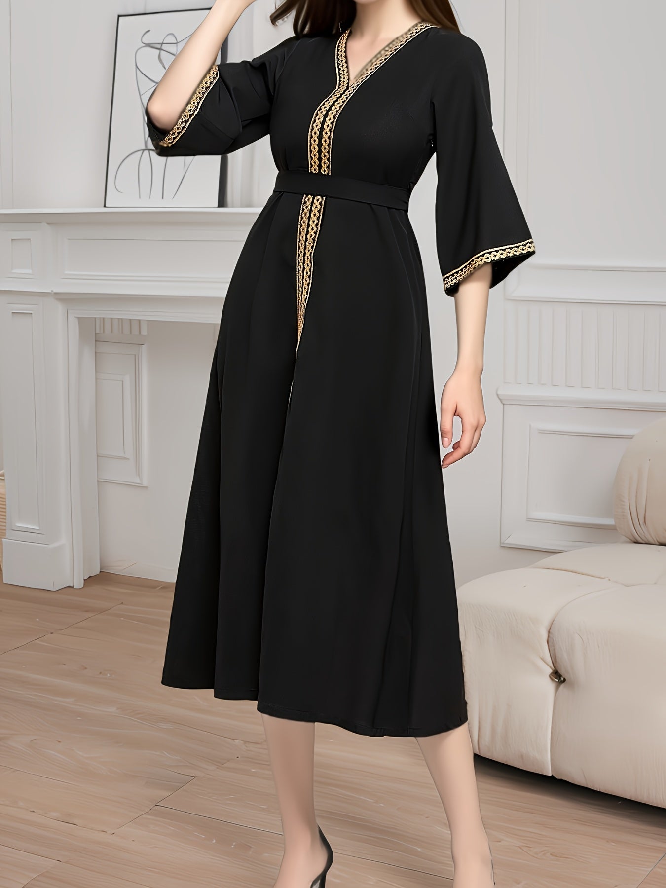 Contrast Trim V-neck Kaftan Dress, Elegant Half Sleeve Belted A-line Midi Dress, Women's Clothing