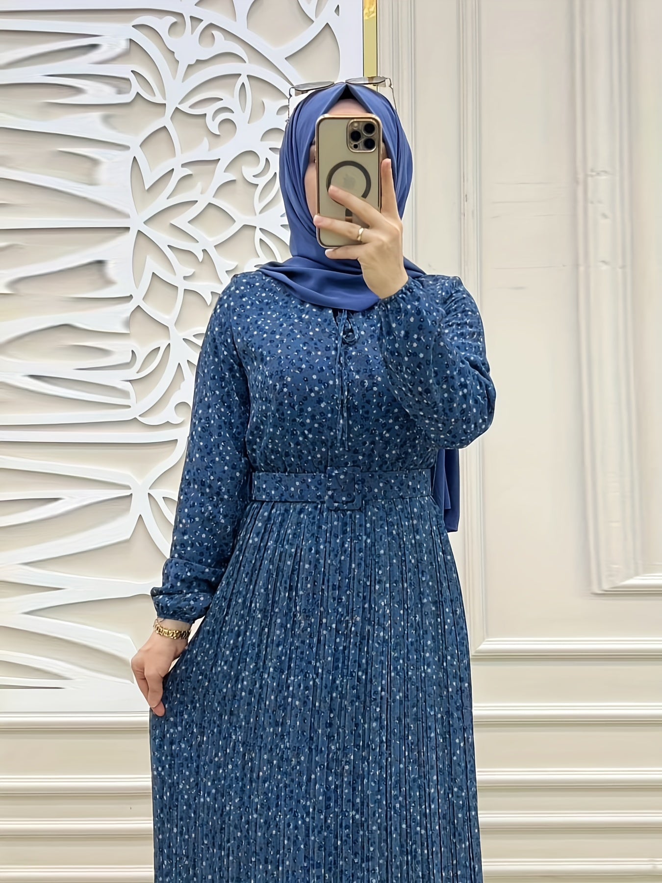 Print Chiffon Maxi Dress for Women - Long Sleeve, Belted Waist, Machine Washable - Perfect for Ramadan & Casual Attire, Middle Eastern, Muslim