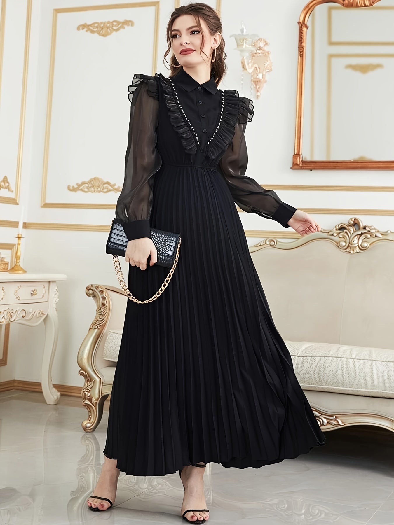 Ruffle Trim Button Front Pleated Dress, Elegant Long Sleeve Aline Flowy Dress