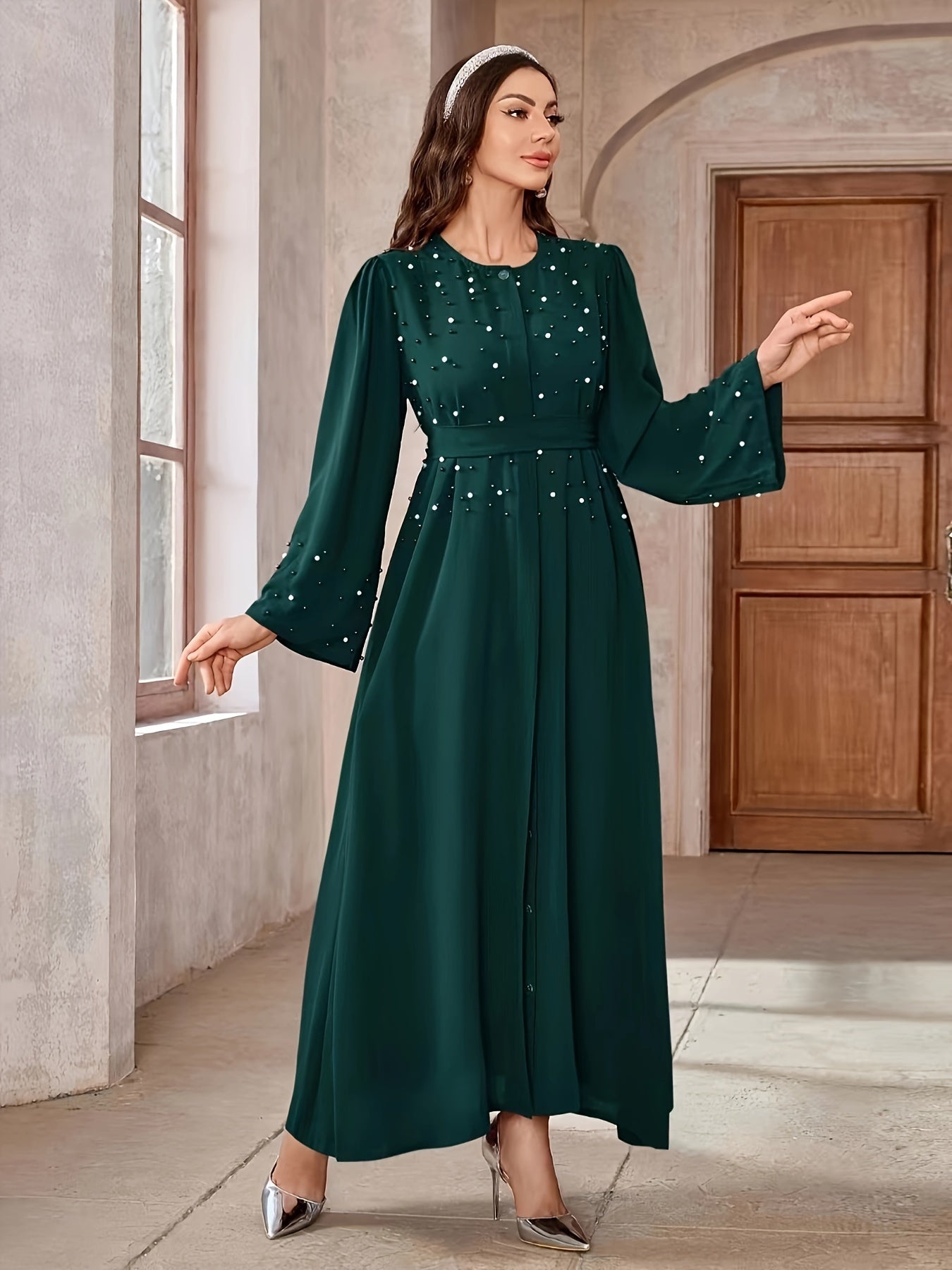 Ramadan Button Front Tie Waist Beaded Burqas, Elegant Long Sleeve Maxi Length Dress, Women's Clothing