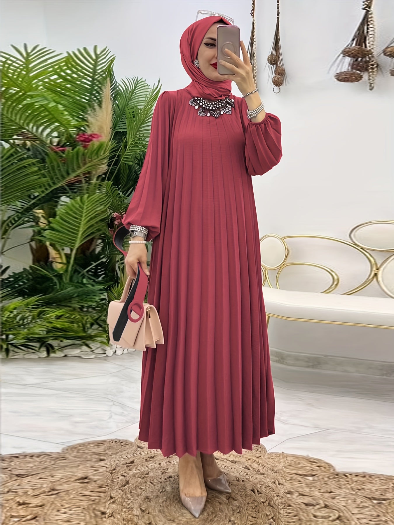 Ruffle Hem Crew Neck Abayas Dress, Elegant Maxi Dress