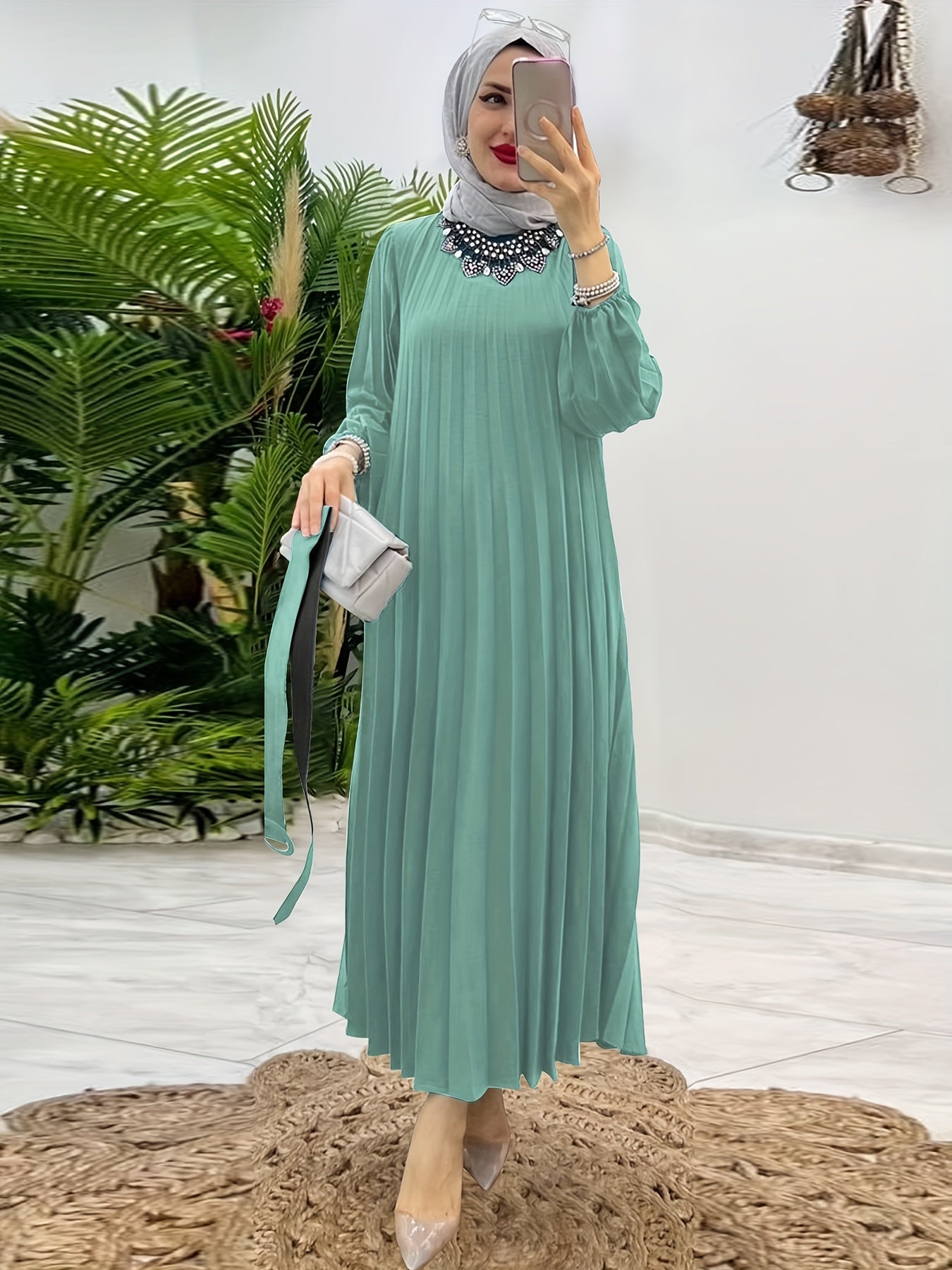 Ruffle Hem Crew Neck Abayas Dress, Elegant Maxi Dress