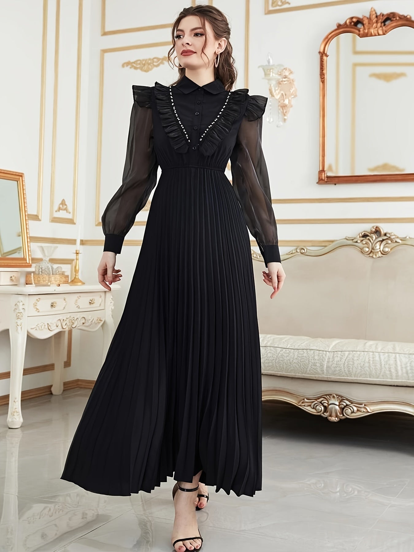 Ruffle Trim Button Front Pleated Dress, Elegant Long Sleeve Aline Flowy Dress