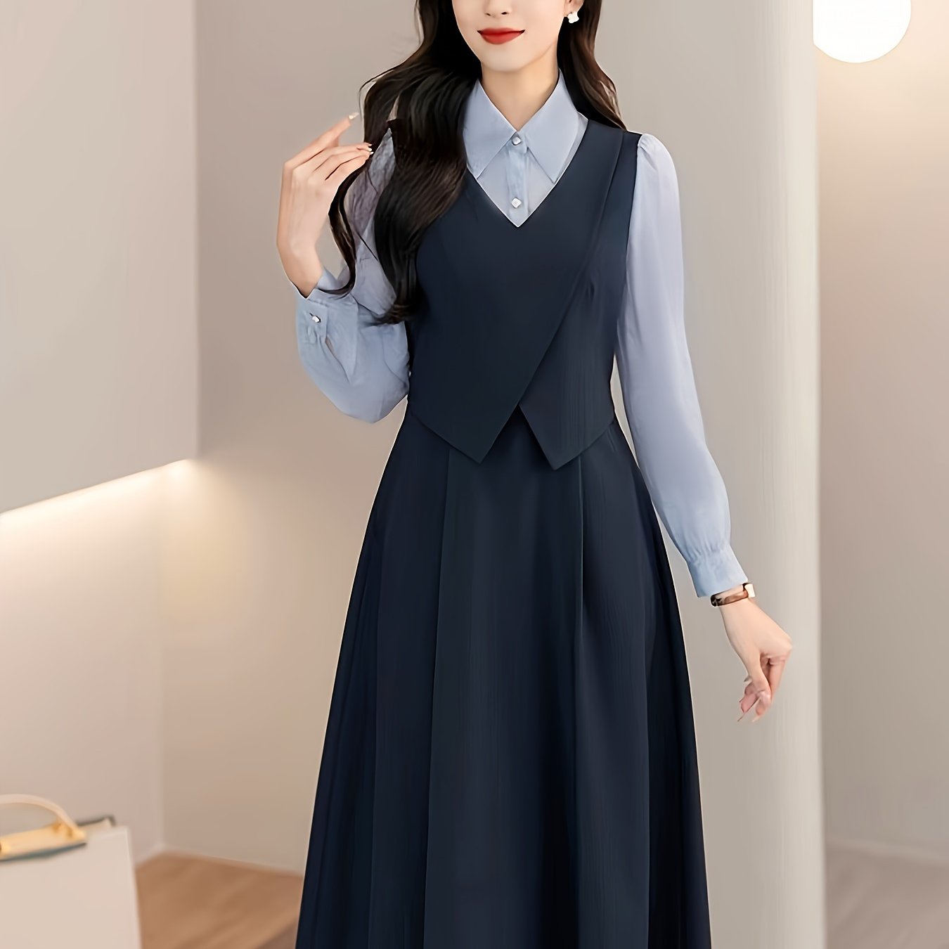 Fake Two-Piece Long-Sleeve Shirt Dress for Women