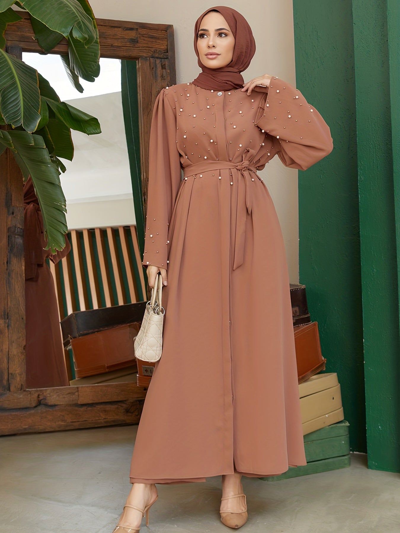 Ramadan Button Front Tie Waist Beaded Burqas, Elegant Long Sleeve Maxi Length Dress, Women's Clothing