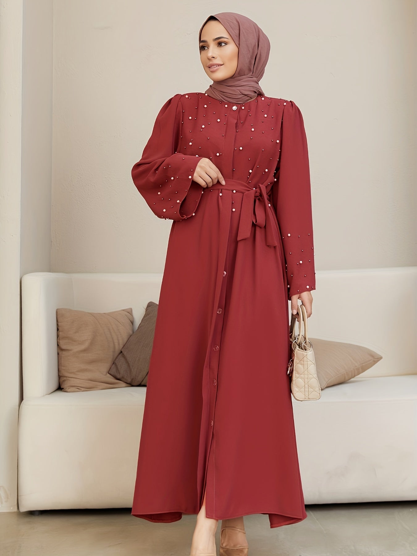 Ramadan Button Front Tie Waist Beaded Burqas, Elegant Long Sleeve Maxi Length Dress, Women's Clothing