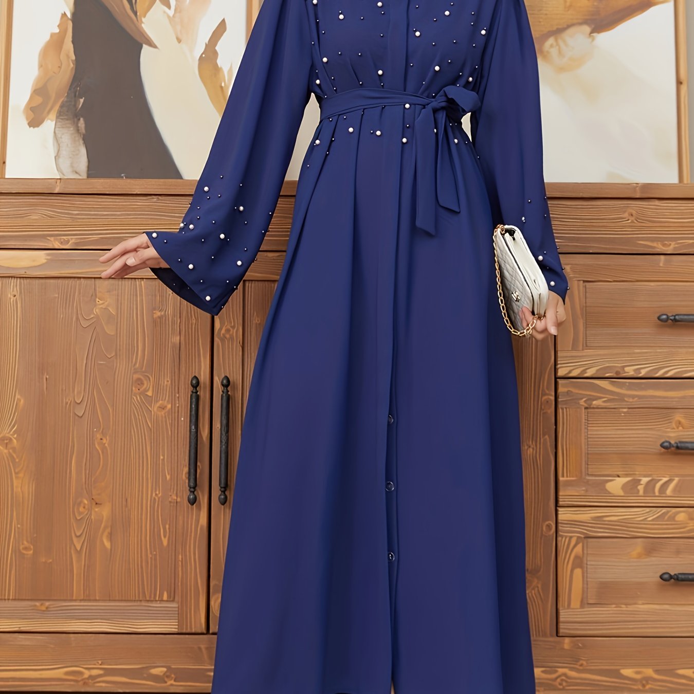 Ramadan Button Front Tie Waist Beaded Burqas, Elegant Long Sleeve Maxi Length Dress, Women's Clothing