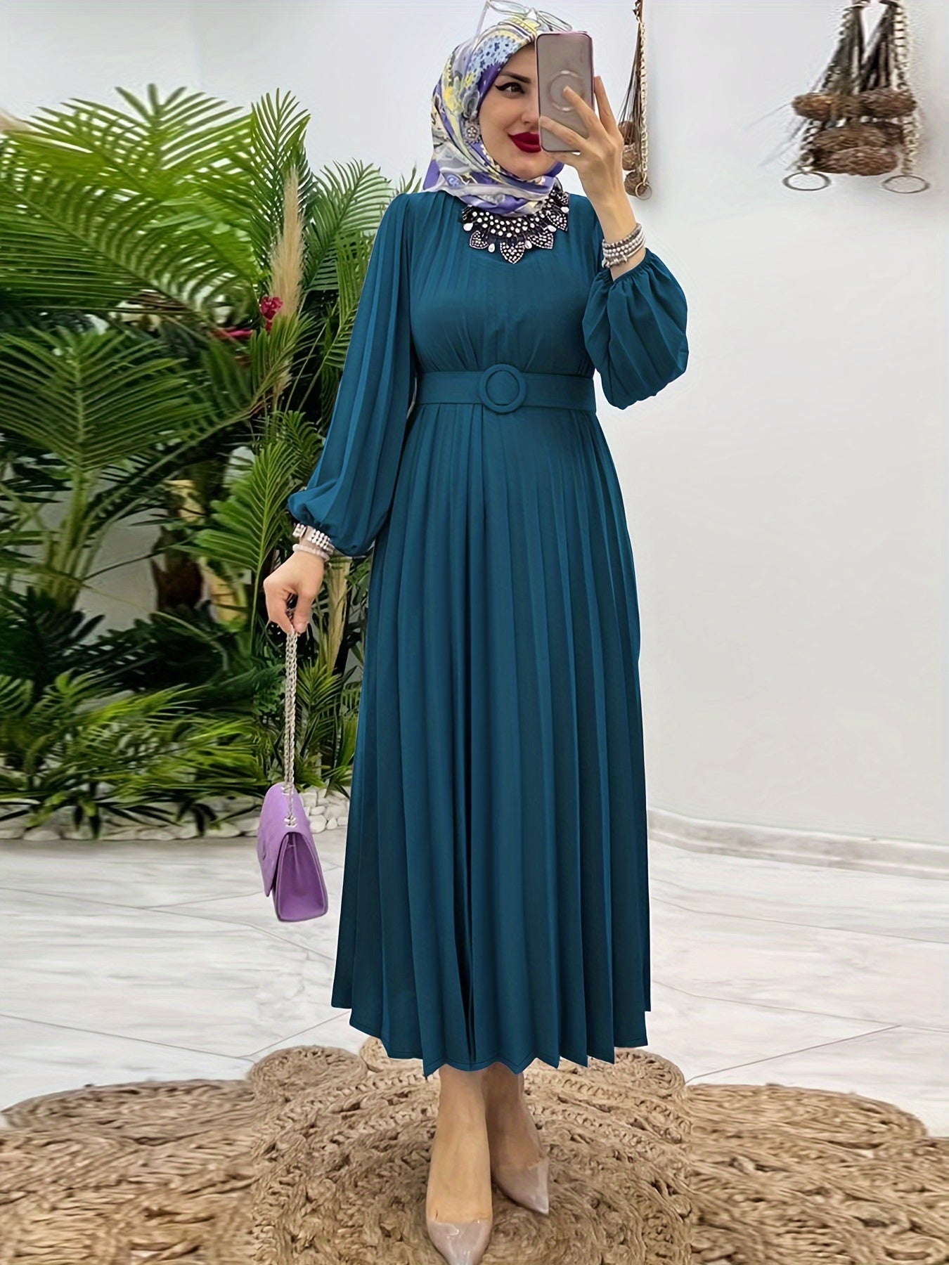 Ruffle Hem Crew Neck Abayas Dress, Elegant Maxi Dress