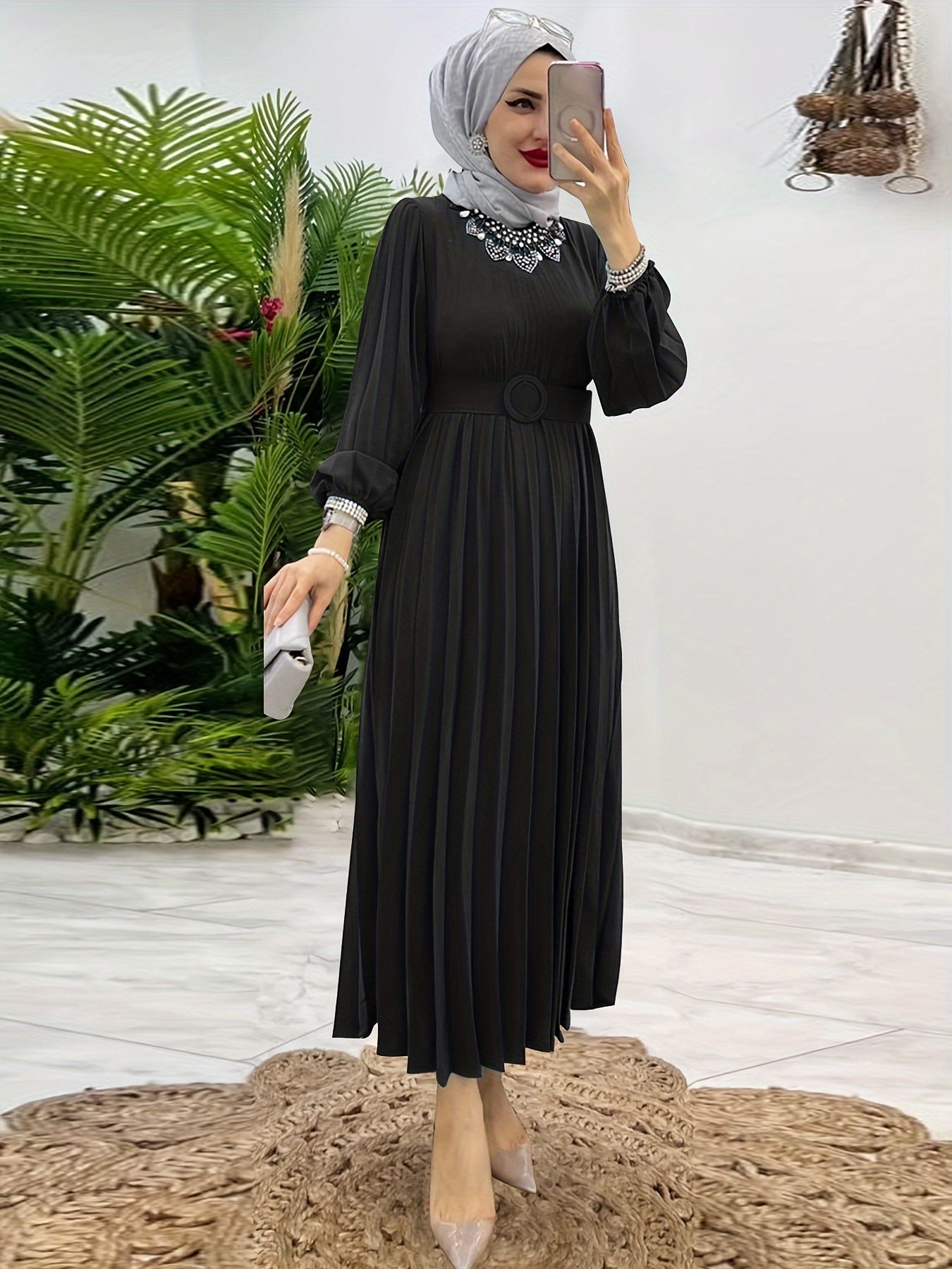 Ruffle Hem Crew Neck Abayas Dress, Elegant Maxi Dress