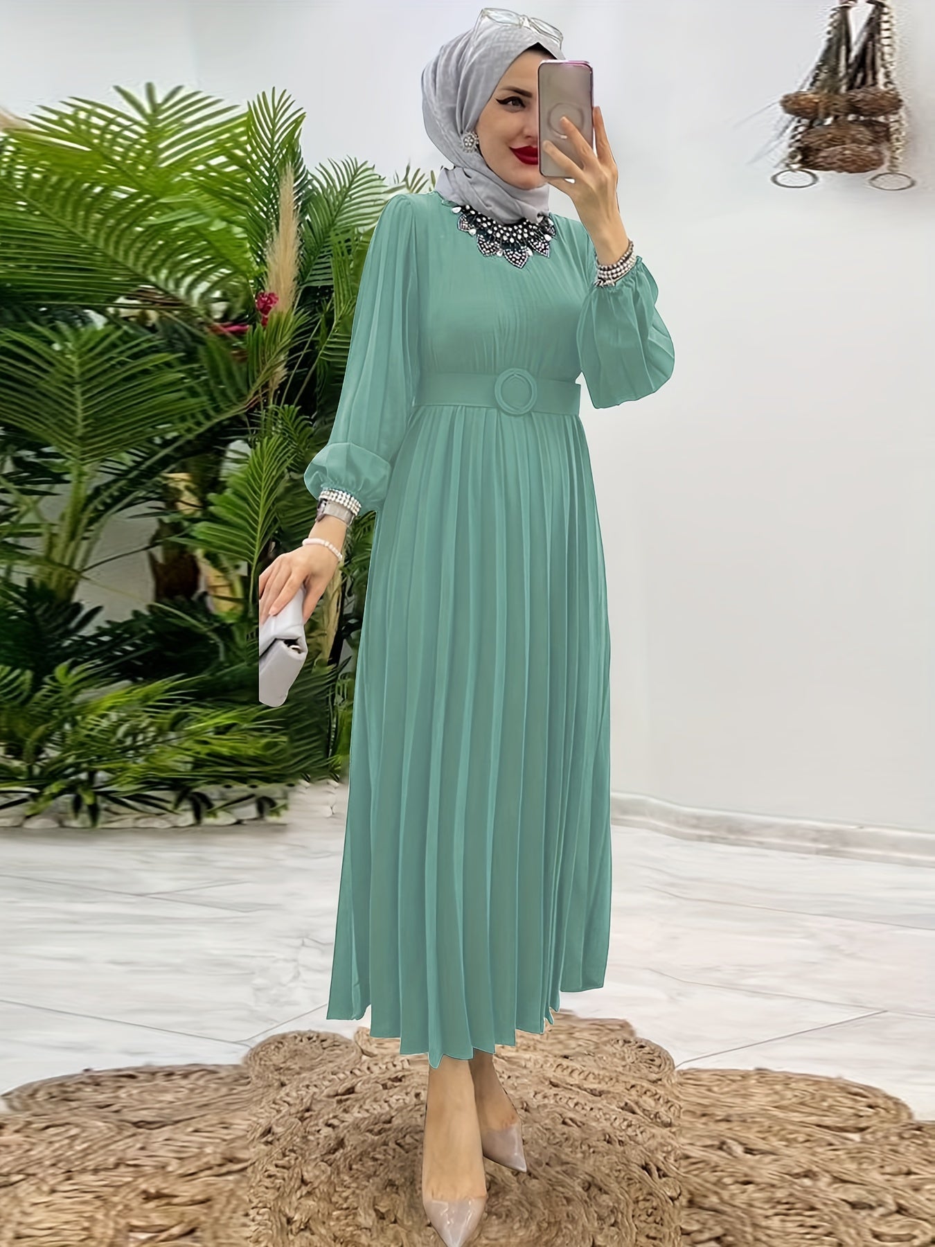 Ruffle Hem Crew Neck Abayas Dress, Elegant Maxi Dress