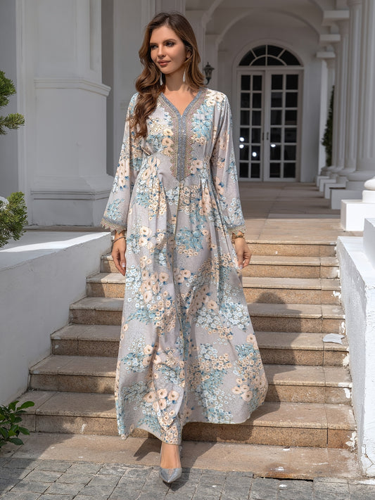 Elegant Floral Print Maxi Abaya Dress - Long Sleeve, V-Neck with Rhinestone Detail, Loose Fit for Women | Perfect for Evening & Special Occasions