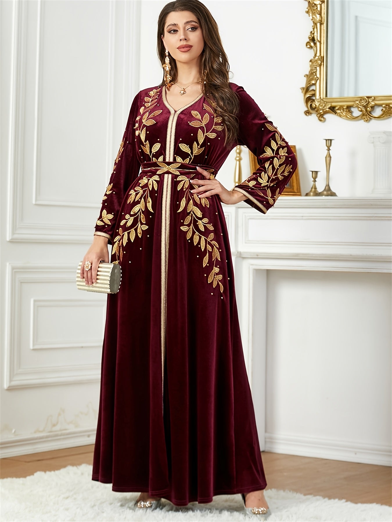 Women'S Jalabiya Ramadan Dubai Embroidery Maxi Dress Belt included Marocain V-Neck Belted Kaftan Dresses For Women Gala