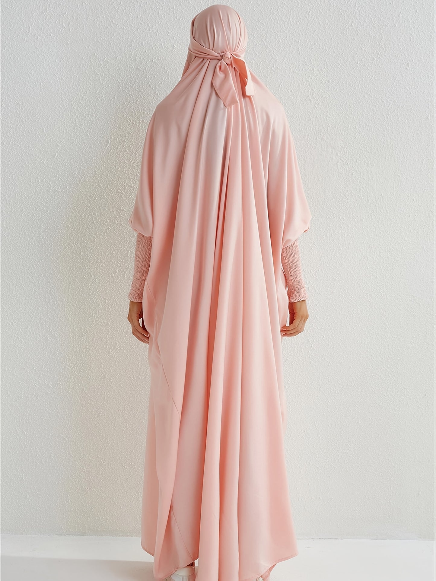 Elegant Light Pink Modesty Dress with Hijab - Women's Long Sleeve, Maxi Prayer Dress, Polyester, Non-Stretch Fabric, Machine Washable