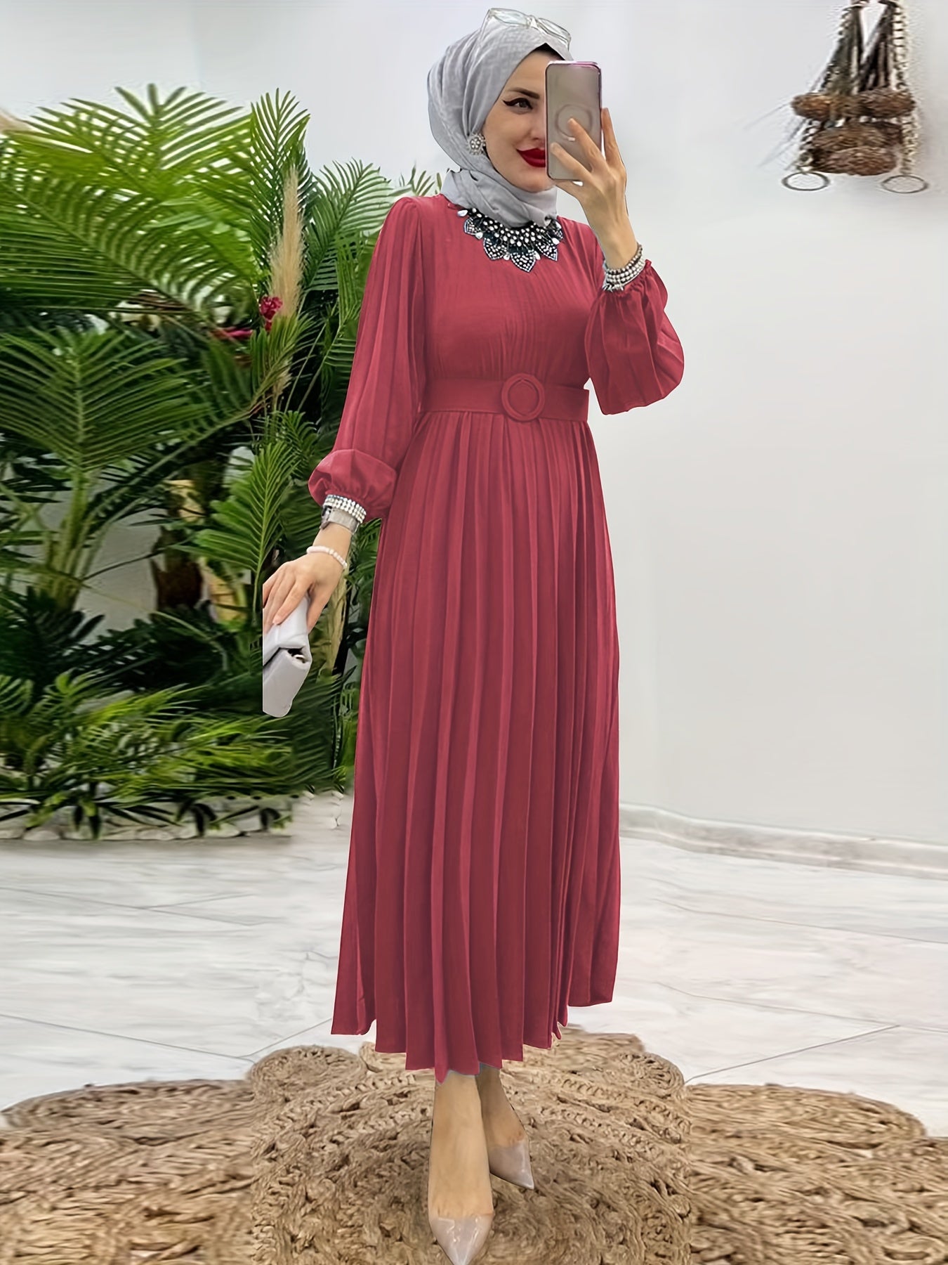 Ruffle Hem Crew Neck Abayas Dress, Elegant Maxi Dress