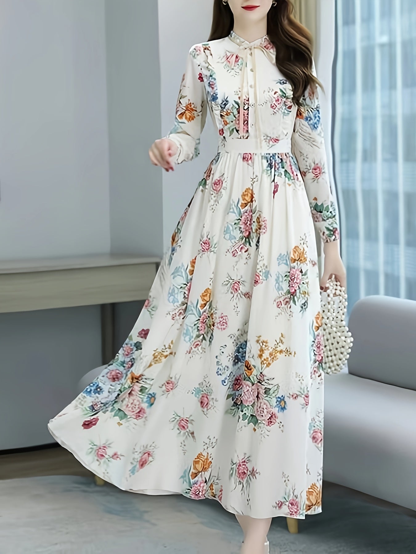 Women'S Floral Print Ruffle Collar Crew Neck Dress, Polyester Fit and Flare Maxi with Waist Cinching, Lightweight Woven Fabric, Ideal for Spring/Summer/Fall - Adult Sizes