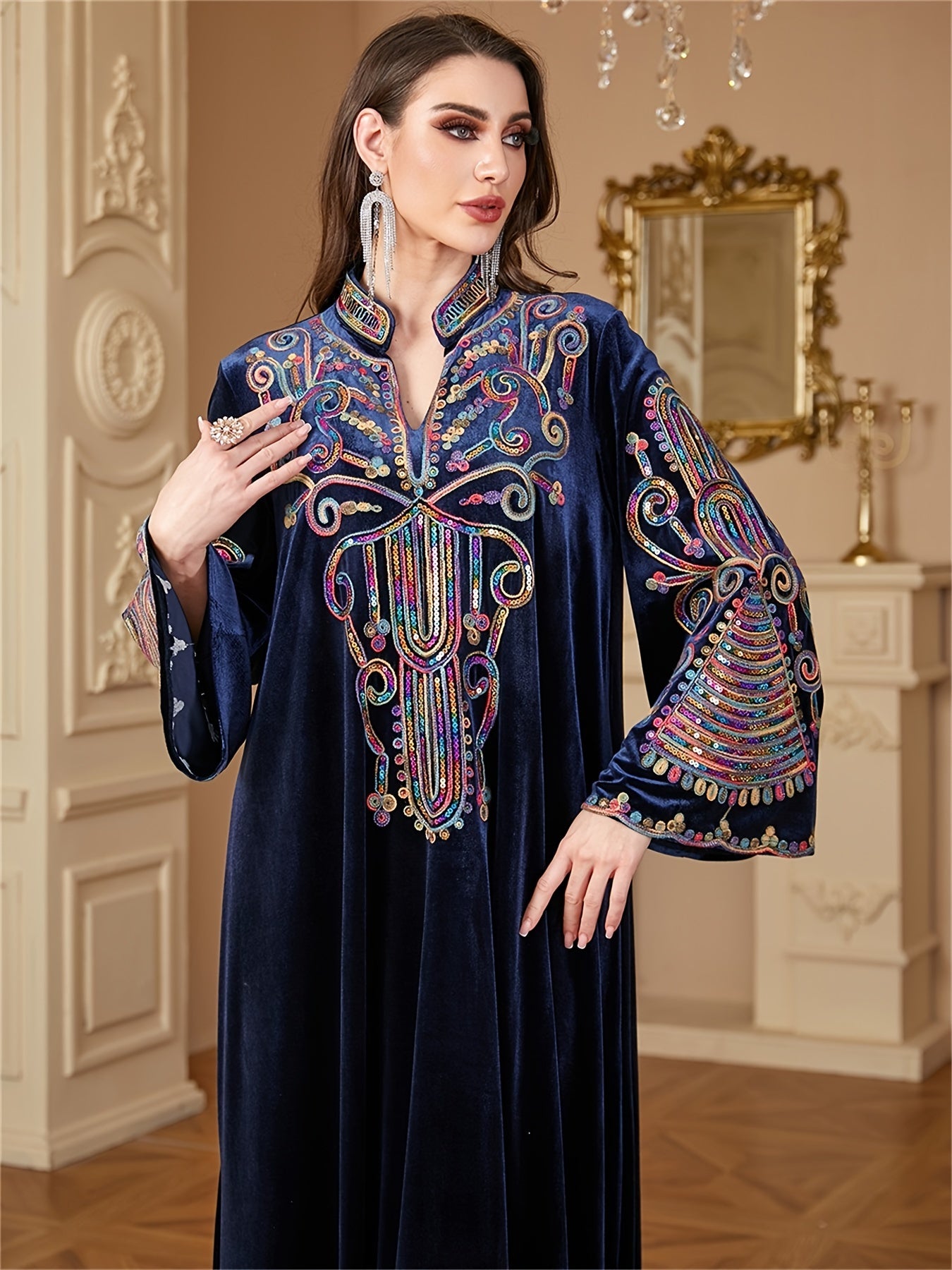 Elegant Sequin Abaya for Women - Long Sleeve Velvet Kaftan Dress, Dark Blue with Vibrant Floral Patterns, Maxi Length, Perfect for Ramadan and Formal Occasions, Muslim Clothes