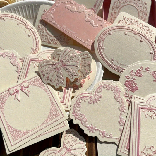 30-Pack Vintage Pink Embossed Kraft Paper Note Cards, Floral & Bow Designs, Ideal for Journaling & Crafts, Stationery Collection