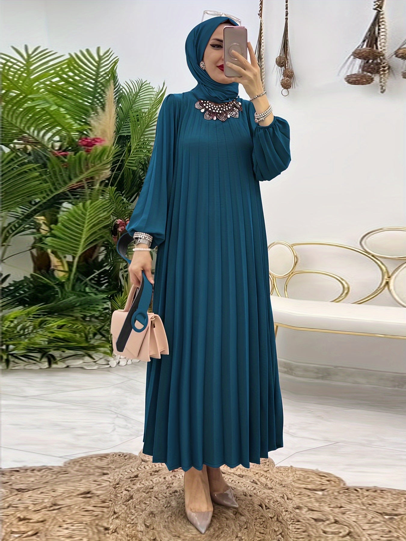 Ruffle Hem Crew Neck Abayas Dress, Elegant Maxi Dress