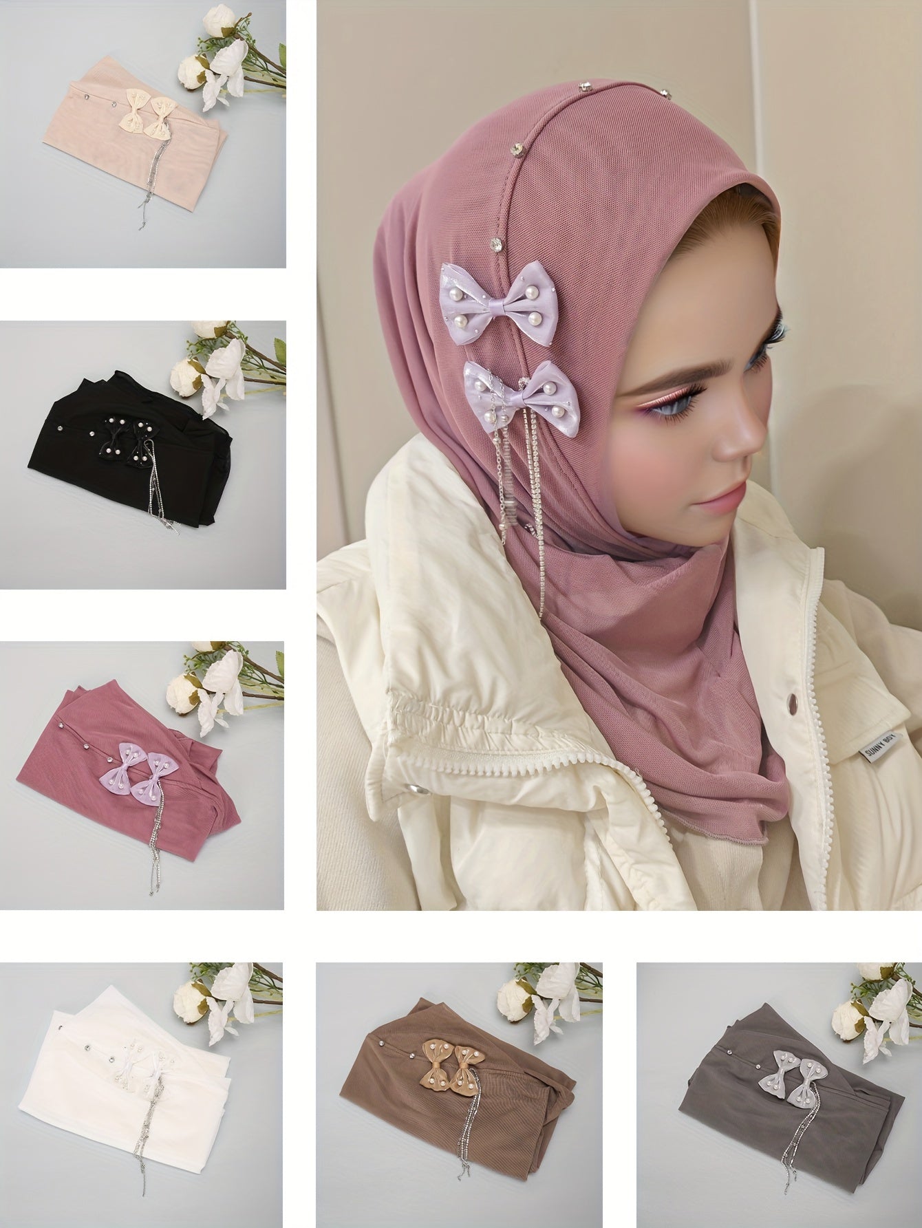 Elegant FLUOROSPARK Instant Hijab with Bow & Tassel - Breathable Polyester, Stretchy Headscarf for Women | Versatile Head Wrap Bandana in Black, Pink, White, Gray, Beige | Ideal for Birthdays & Casual Attire, Hijab Scarf