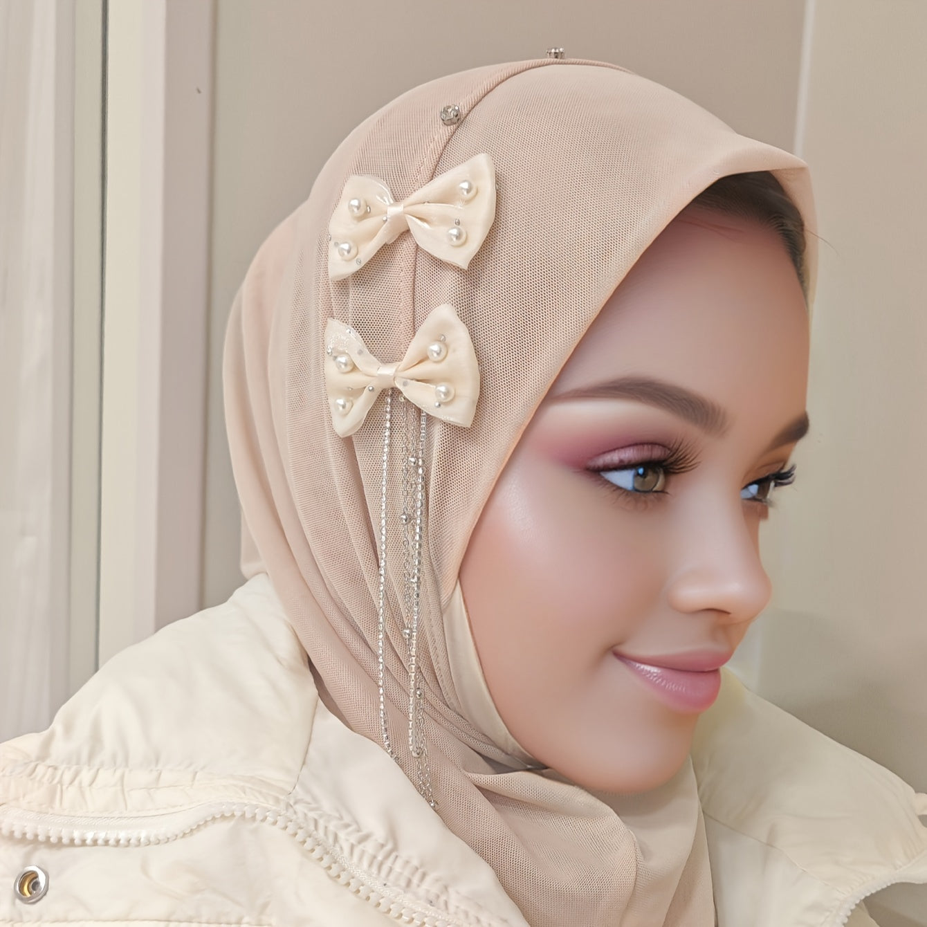 Elegant FLUOROSPARK Instant Hijab with Bow & Tassel - Breathable Polyester, Stretchy Headscarf for Women | Versatile Head Wrap Bandana in Black, Pink, White, Gray, Beige | Ideal for Birthdays & Casual Attire, Hijab Scarf