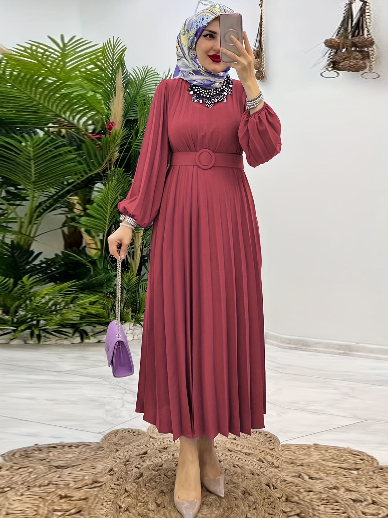 Ruffle Hem Crew Neck Abayas Dress, Elegant Maxi Dress