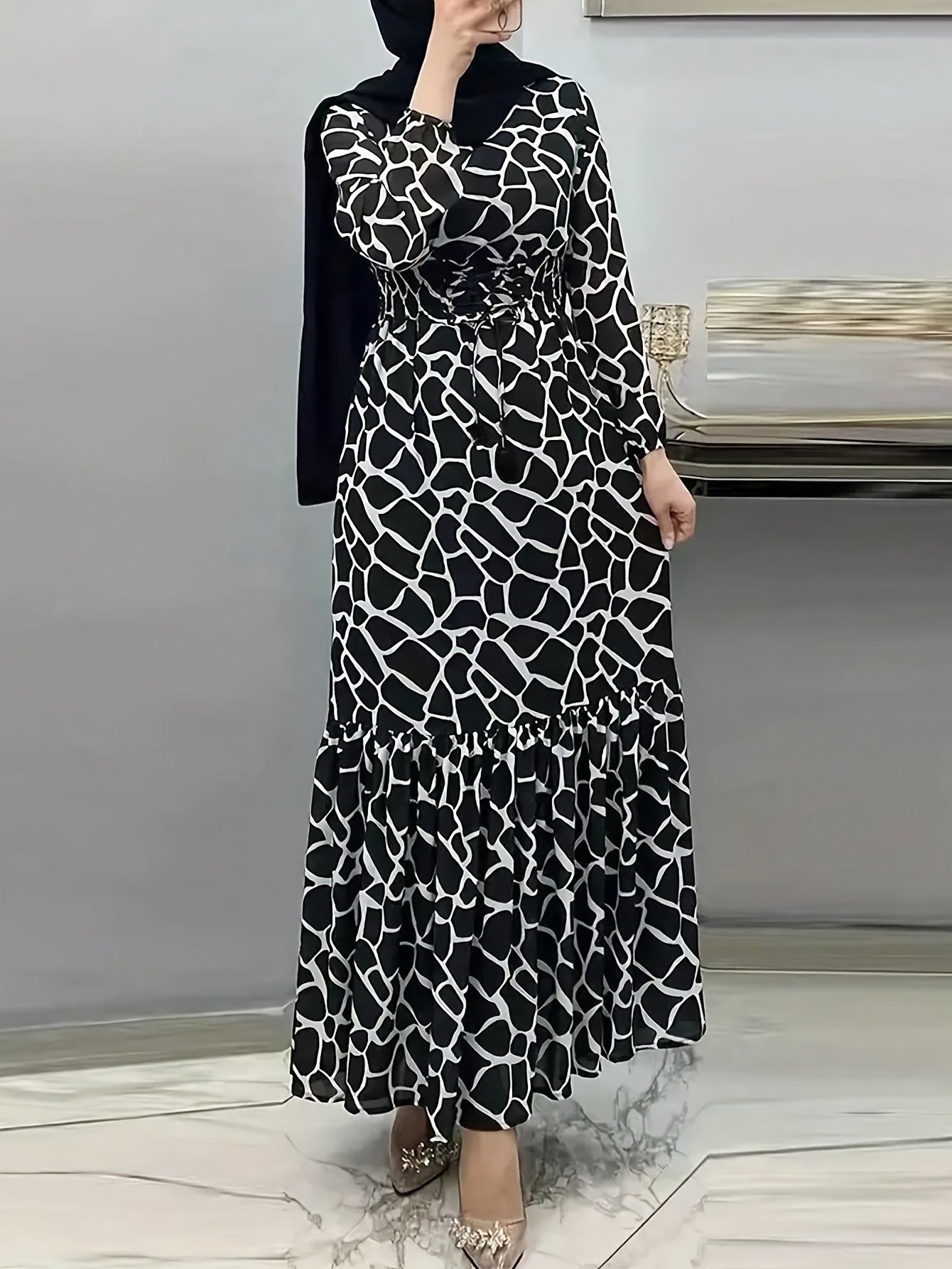 Elegant Women's Long Sleeve Kaftan Dress - Casual Geometric Print, Maxi Length with Ruffle Hem, Polyester Blend, Machine Washable - Perfect for Spring & Autumn, Arabian, Full Print