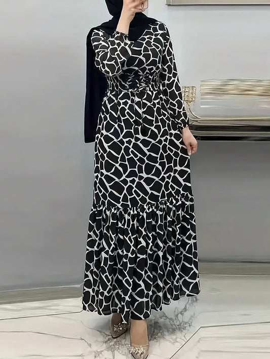 Elegant Women's Long Sleeve Kaftan Dress - Casual Geometric Print, Maxi Length with Ruffle Hem, Polyester Blend, Machine Washable - Perfect for Spring & Autumn, Arabian, Full Print