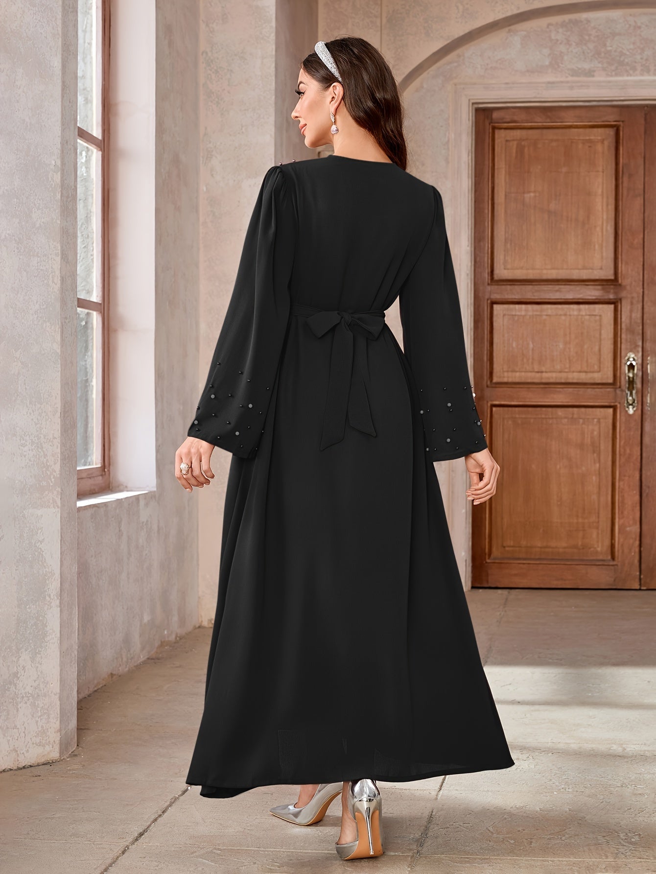 Ramadan Button Front Tie Waist Beaded Burqas, Elegant Long Sleeve Maxi Length Dress, Women's Clothing