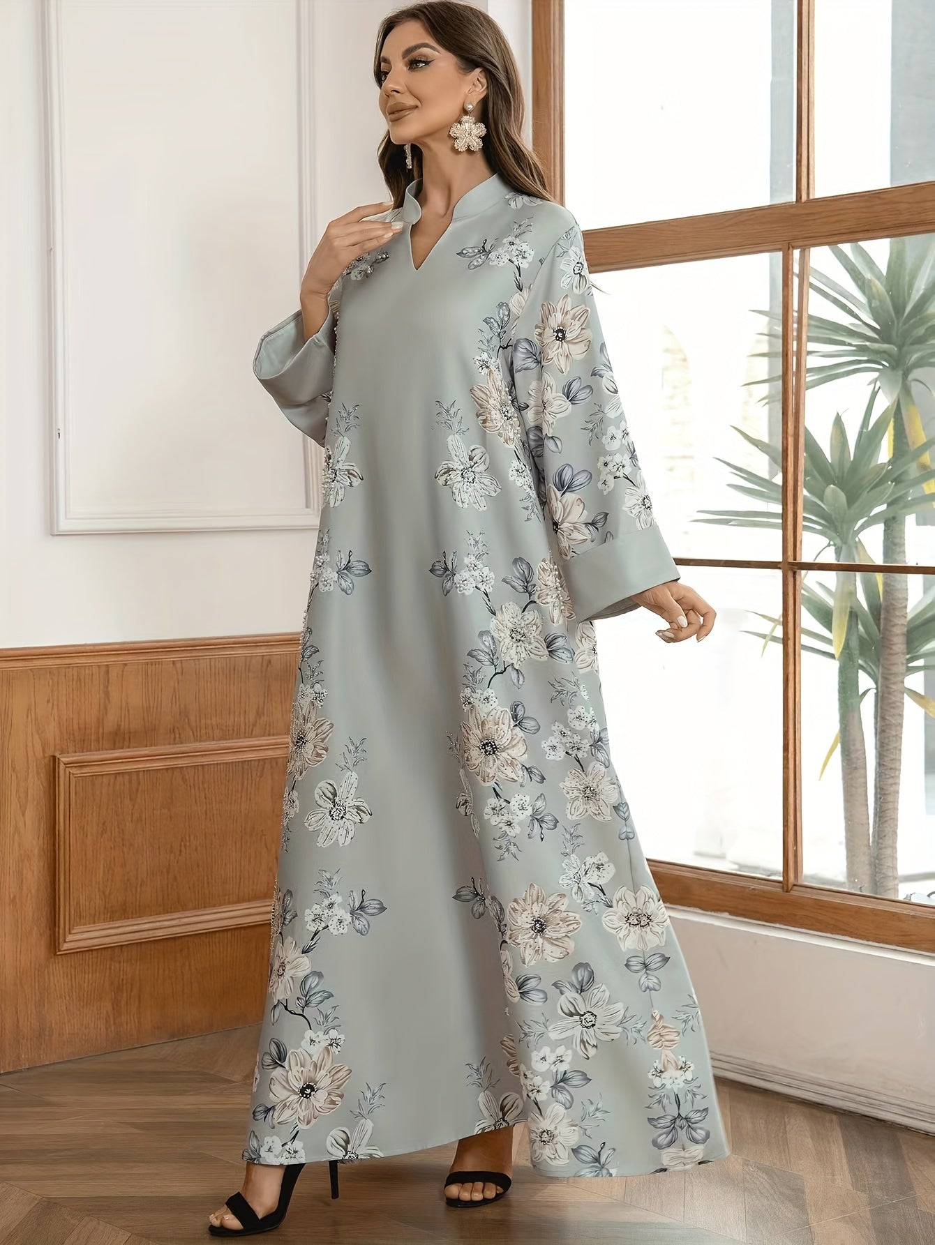 Elegant Floral Embroidered Kaftan Dress for Women - Long Sleeve, V-Neck Maxi Robe with Bead Detail, Polyester, Perfect for Spring/Fall